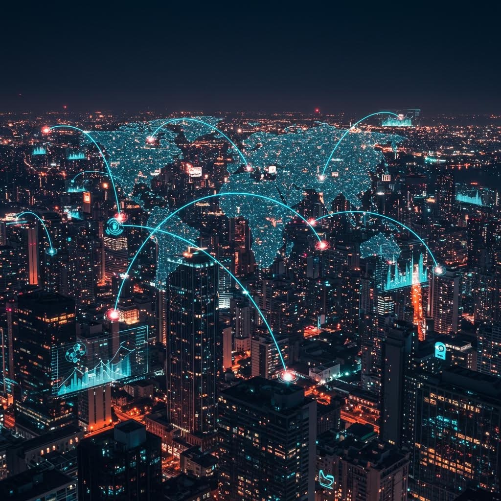 루믹스 스마트 시티 야경 네트워크 연결 데이터 흐름 시각화