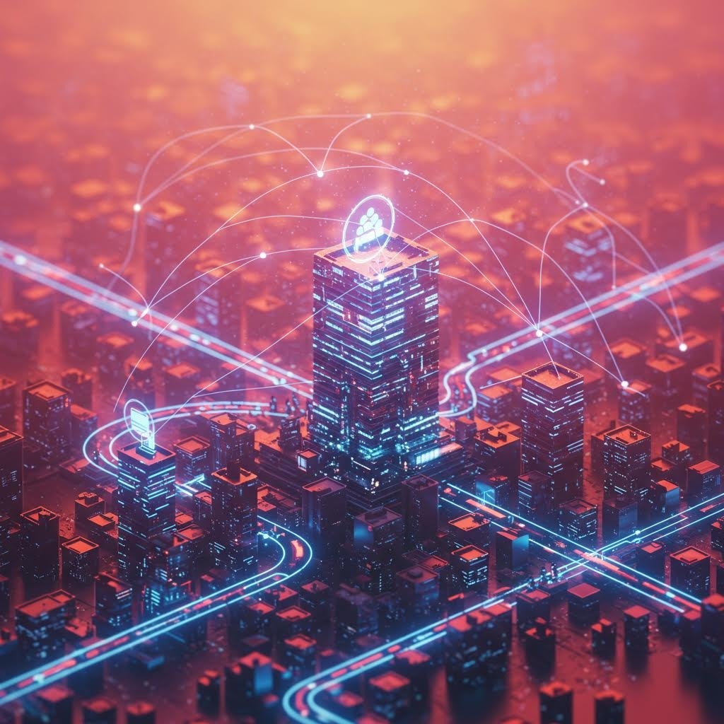 건물과 인프라 사이의 데이터 연결을 보여주는 빛나는 네트워크 라인이 있는 분홍빛 석양 톤의 도시 조감도