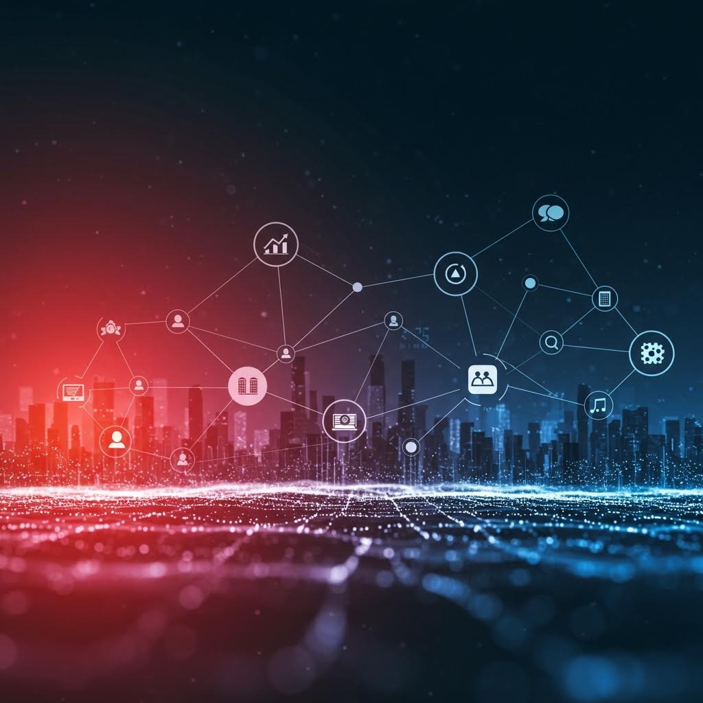 빨간색과 파란색 톤의 도시 스카이라인 위에 다양한 비즈니스 및 기술 아이콘이 연결된 네트워크 다이어그램