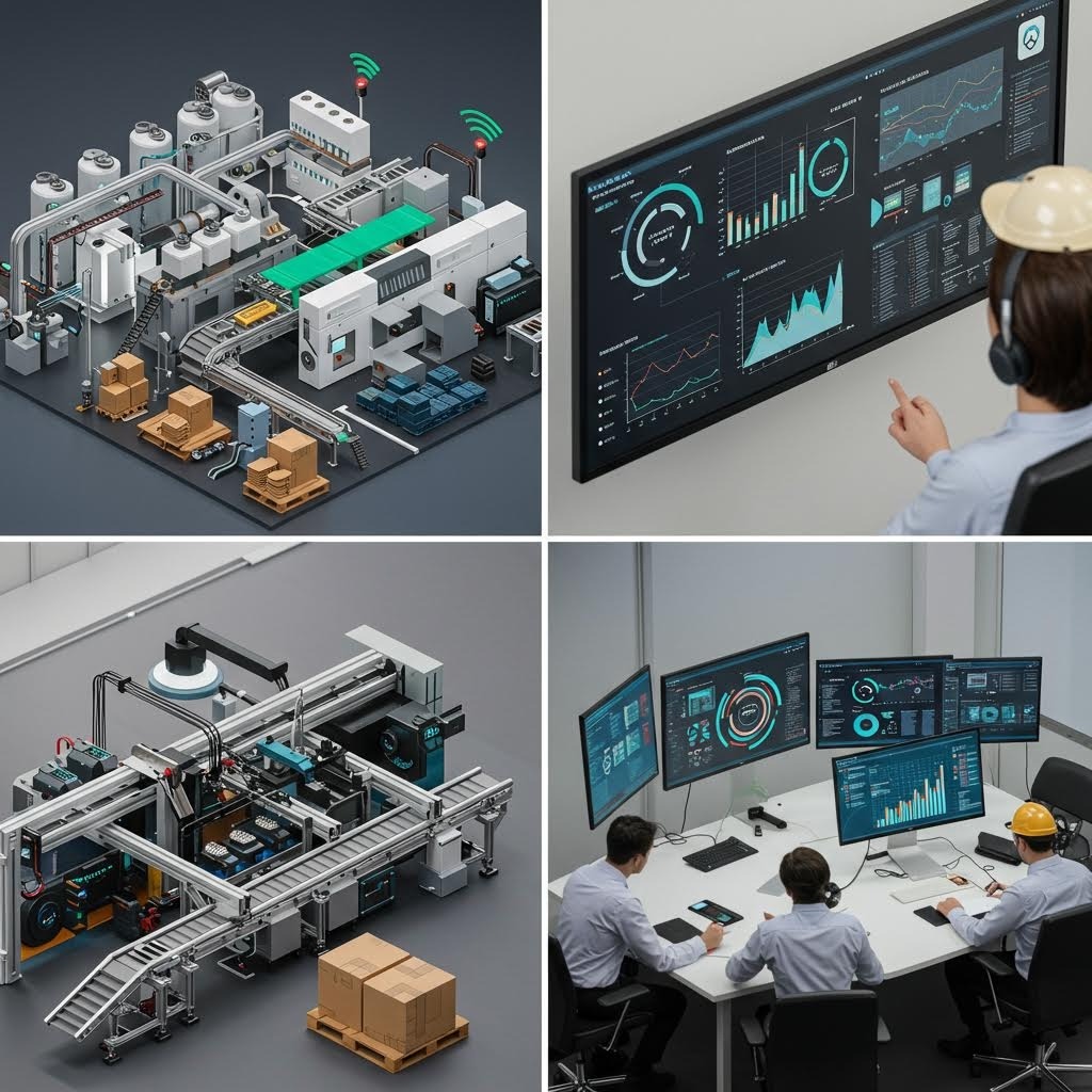 스마트 팩토리의 4가지 장면: IoT 센서가 있는 아이소메트릭 제조 라인, 분석 대시보드를 검토하는 작업자, 자동화된 조립 시스템, 여러 모니터로 생산을 모니터링하는 제어실 팀