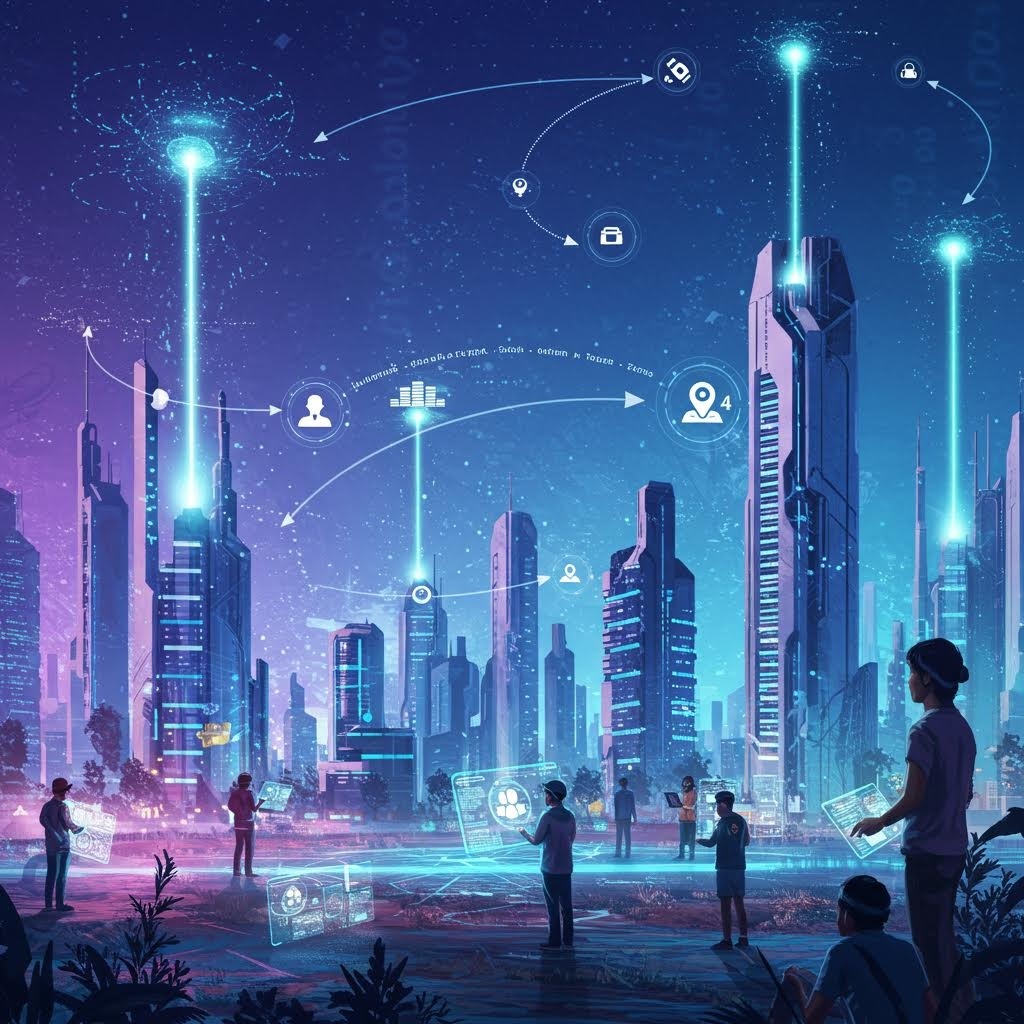 빛의 기둥과 연결 아이콘이 하늘에 떠 있는 미래형 스마트 시티의 사람들을 보여주는 보라색과 파란색 톤의 일러스트