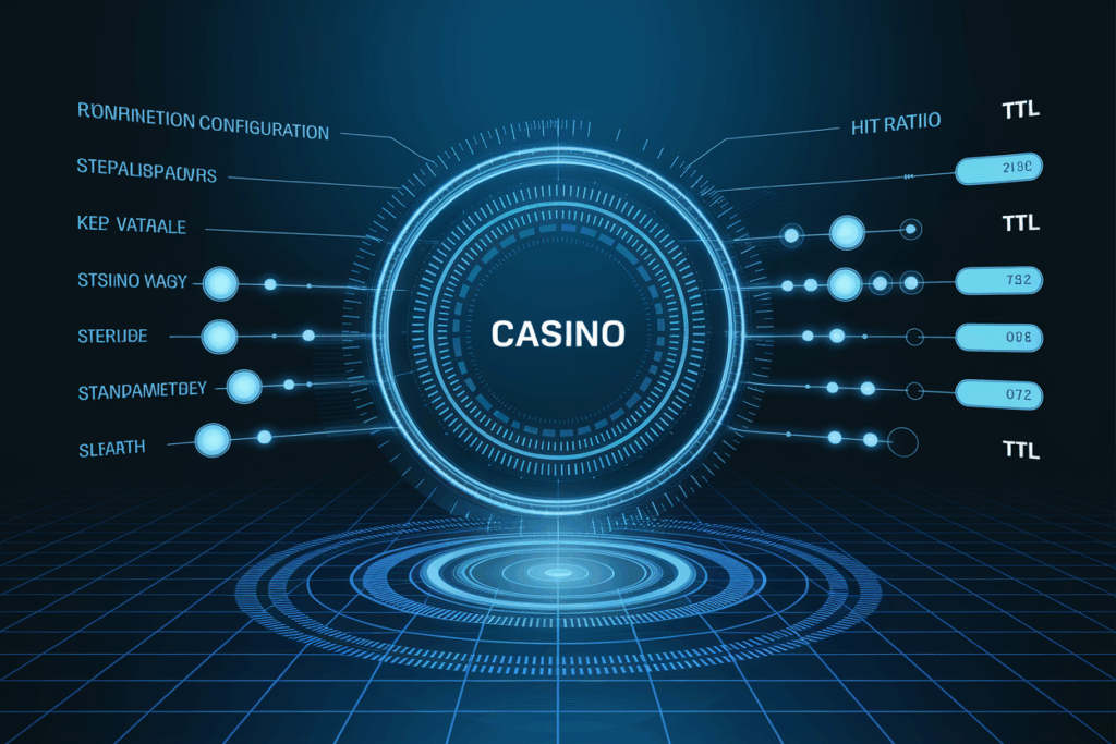 카지노 플랫폼 구성 시스템 – 중앙 카지노 허브를 중심으로 TTL 히트 비율과 구성 설정 파라미터들이 연결된 원형 인터페이스 다이어그램