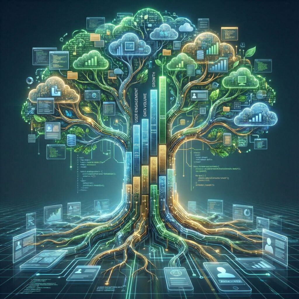 데이터 흐름으로 이루어진 나무가 사용자 행동 패턴을 분석하는 뿌리와 막대 그래프 줄기, 무성한 잎사귀를