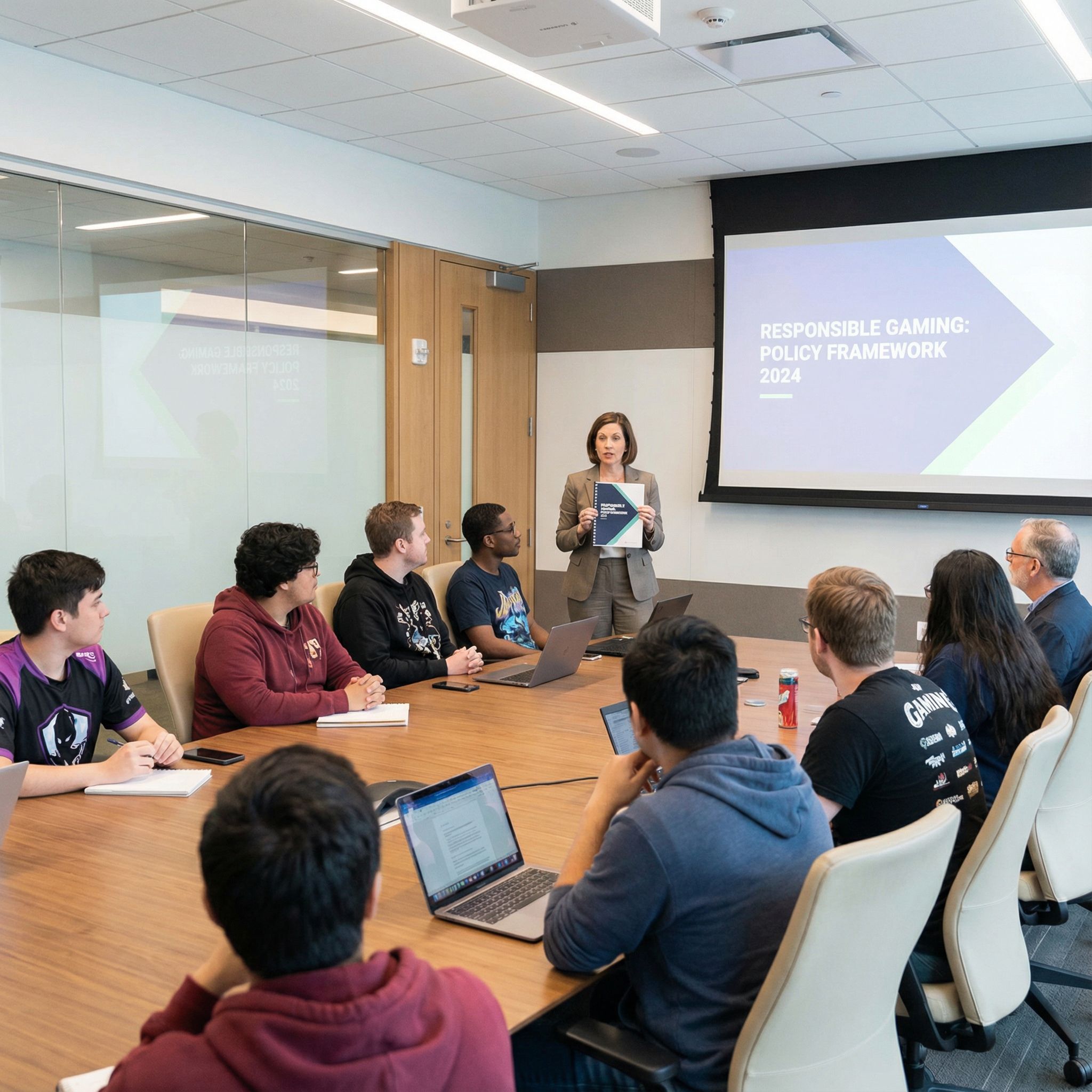 현대적인 회의실에서 정부 관계자가 다양한 게이머들에게 책임감 있는 게이밍 정책 문서를 설명하는 모습이다.