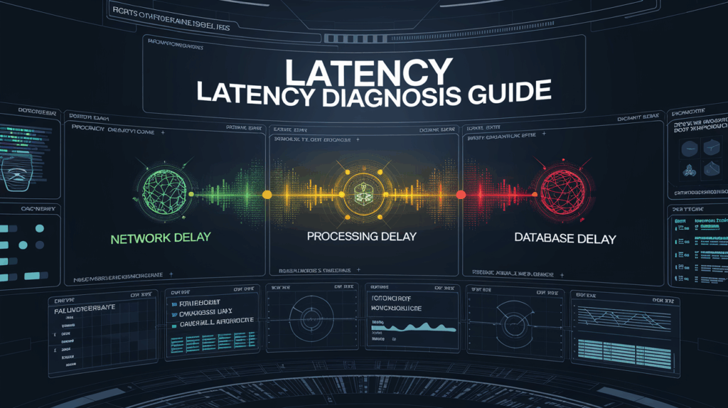 지연 시간 진단 가이드 – 네트워크, 처리, 데이터베이스 지연을 분석하는 세 모니터링 패널과 성능 차트를 포함한 대시보드