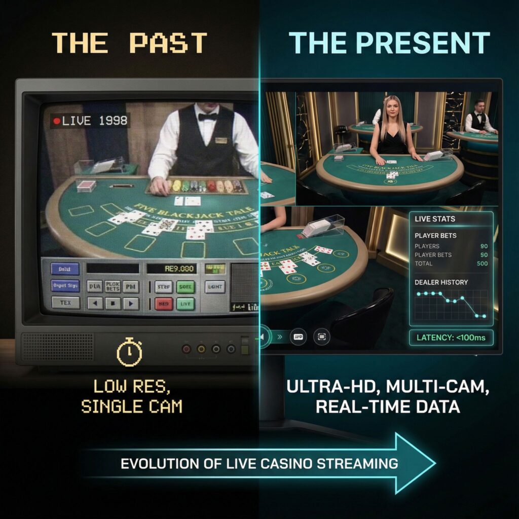 화면이 반으로 나뉘어 왼쪽은 흐릿한 화질, 오른쪽은 선명한 초고화질의 라이브 카지노 스트리밍을 보여주는