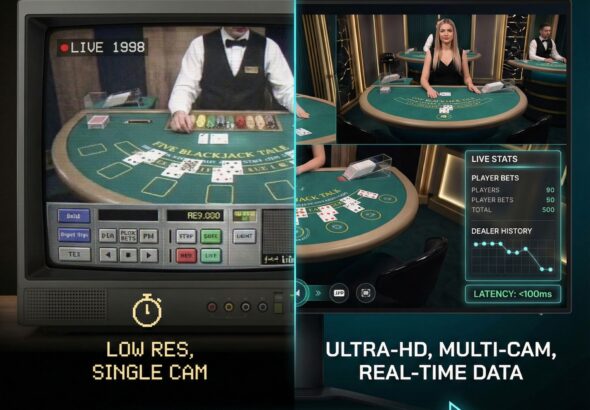 화면이 반으로 나뉘어 왼쪽은 흐릿한 화질, 오른쪽은 선명한 초고화질의 라이브 카지노 스트리밍을 보여주는