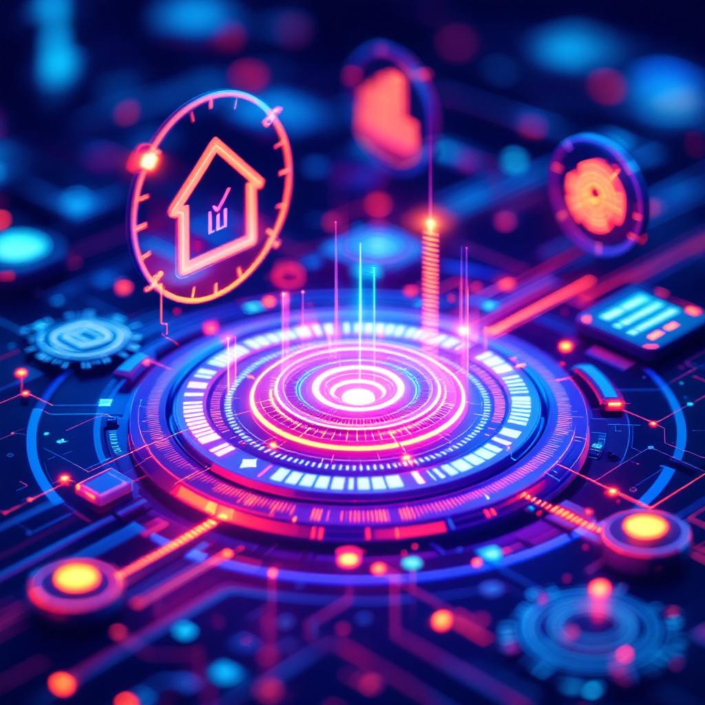 ROI 분석 플랫폼 - 주황색 발광 링으로 둘러싸인 ROI 버튼이 회로 기판 위에 있는 투자 수익률 분석 개념 이미지