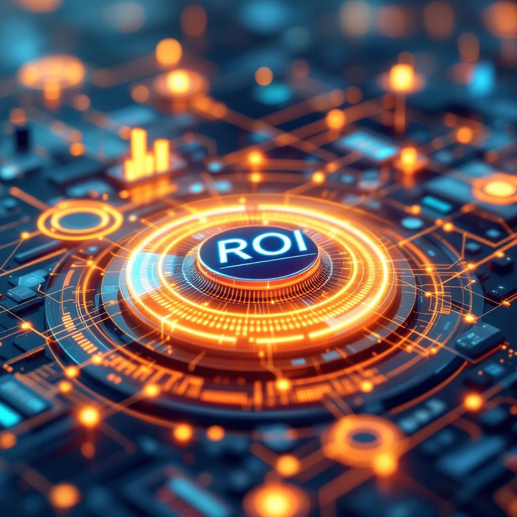 ROI 분석 플랫폼 – 주황색 발광 링으로 강조된 ROI 버튼이 회로 기판 위에 배치된 투자 수익률 분석 개념 이미지