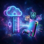 빛나는 회로 무늬의 클라우드 서버가 빛의 줄기로 연결된 게임 콘솔과 조종기를 향해 뻗어 나가는 디지털