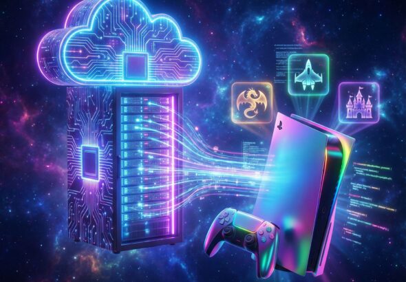 빛나는 회로 무늬의 클라우드 서버가 빛의 줄기로 연결된 게임 콘솔과 조종기를 향해 뻗어 나가는 디지털