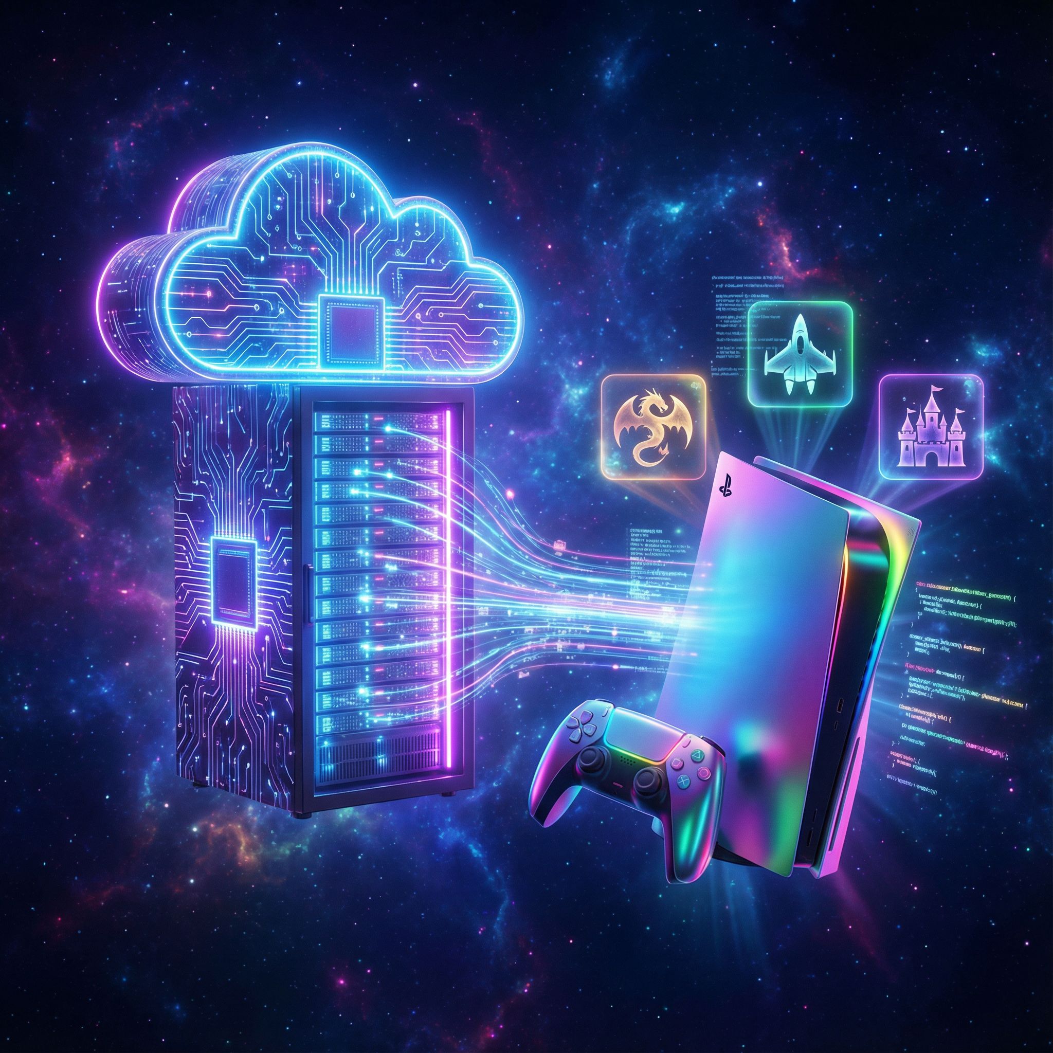 우주 배경 속 서버와 구름 형태의 구조가 빛으로 연결되며 디지털 자원이 이동하는 과정을 시각화한 장면