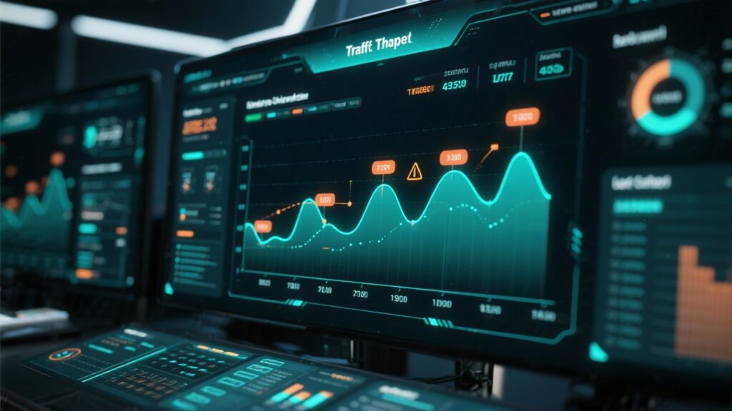 스마트홈 IoT 허브 시스템 – 중앙 발광 코어와 홈 아이콘, 보안 자물쇠, 지문 인식 요소가 네온 조명 라인으로 연결된 네트워크 구조
