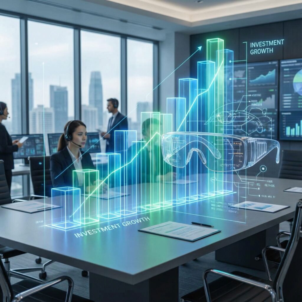 현대적인 회의실에 투명한 VR 고글이 겹쳐진 3차원 그래프가 있으며 증강 현실 설계도가 배경에 펼쳐진