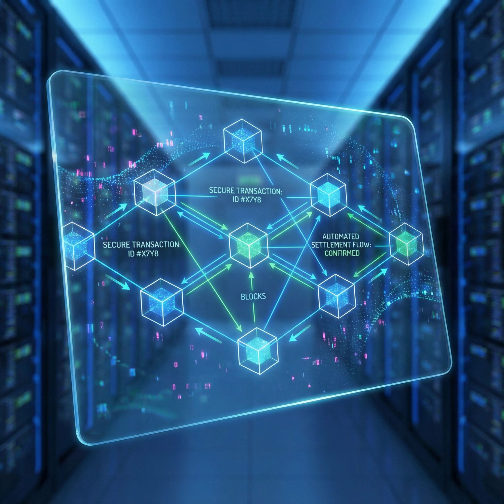 빛나는 푸른색 블록들이 연결된 디지털 원장이 네트워크 선을 따라 안전한 거래와 자동 결제 흐름을 보여줍니다.