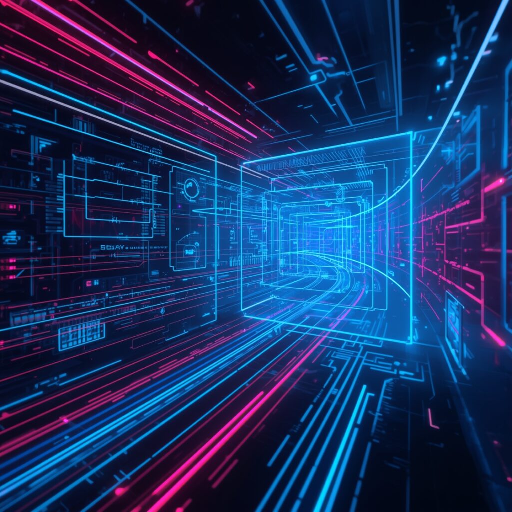 실시간 금융 데이터 분석 – 빨간 및 파란 주가 그래프, ETF 지표, 시계열 차트를 표시하는 트레이딩 모니터 UI