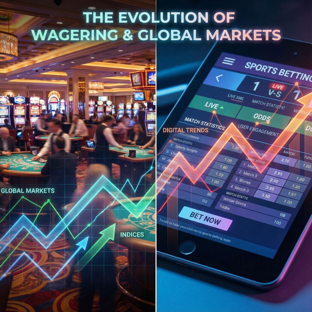 화려한 카지노 현장과 디지털 스포츠 배팅 화면이 나란히 배치되고, 두 공간 위로 반짝이는 세계 시장