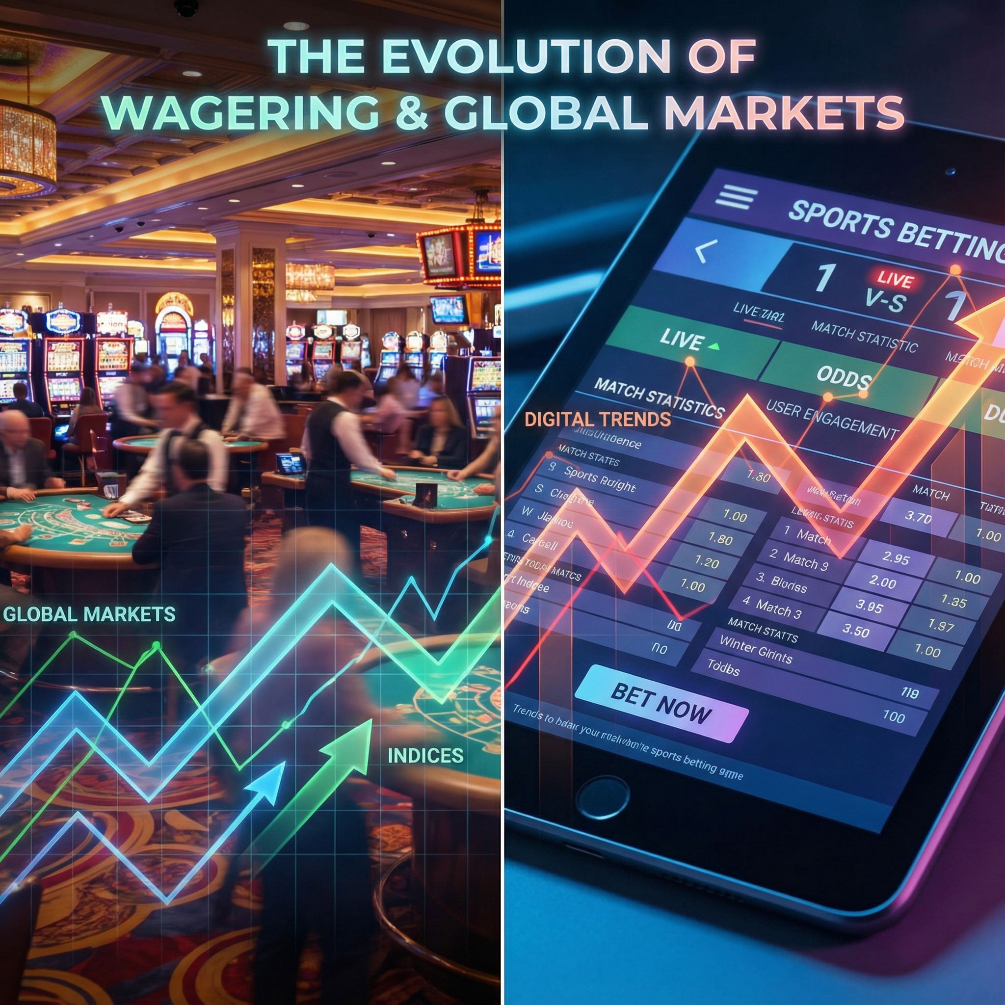 화려한 카지노 현장과 디지털 스포츠 배팅 화면이 나란히 배치되고, 두 공간 위로 반짝이는 세계 시장
