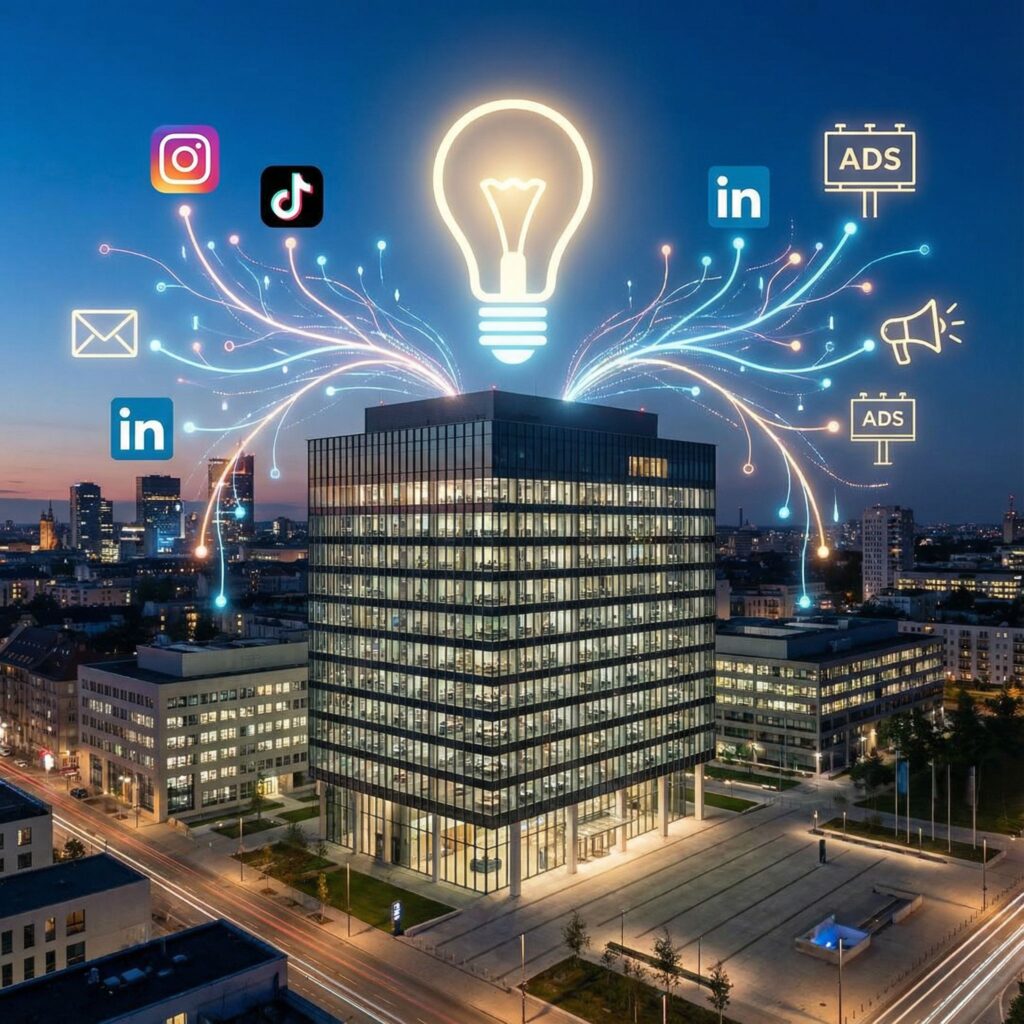 회사 본사 건물 위에 빛나는 전구가 있고, 소셜 미디어와 이메일 같은 다양한 마케팅 채널 아이콘이