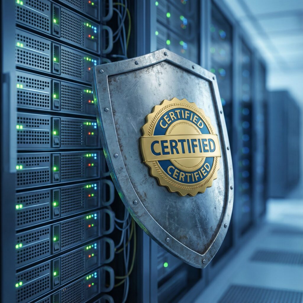 네트워크 서버를 보호하는 방패 위에 인증 배지가 부착된 모습입니다.