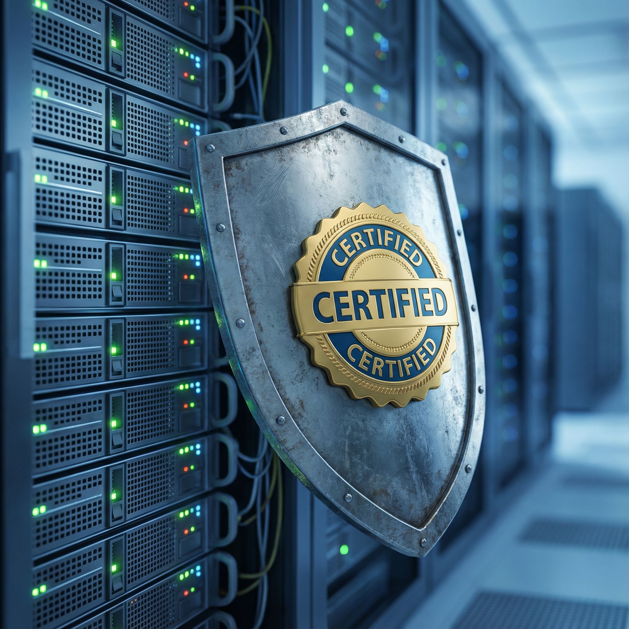 네트워크 서버를 보호하는 방패 위에 인증 배지가 부착된 모습입니다.