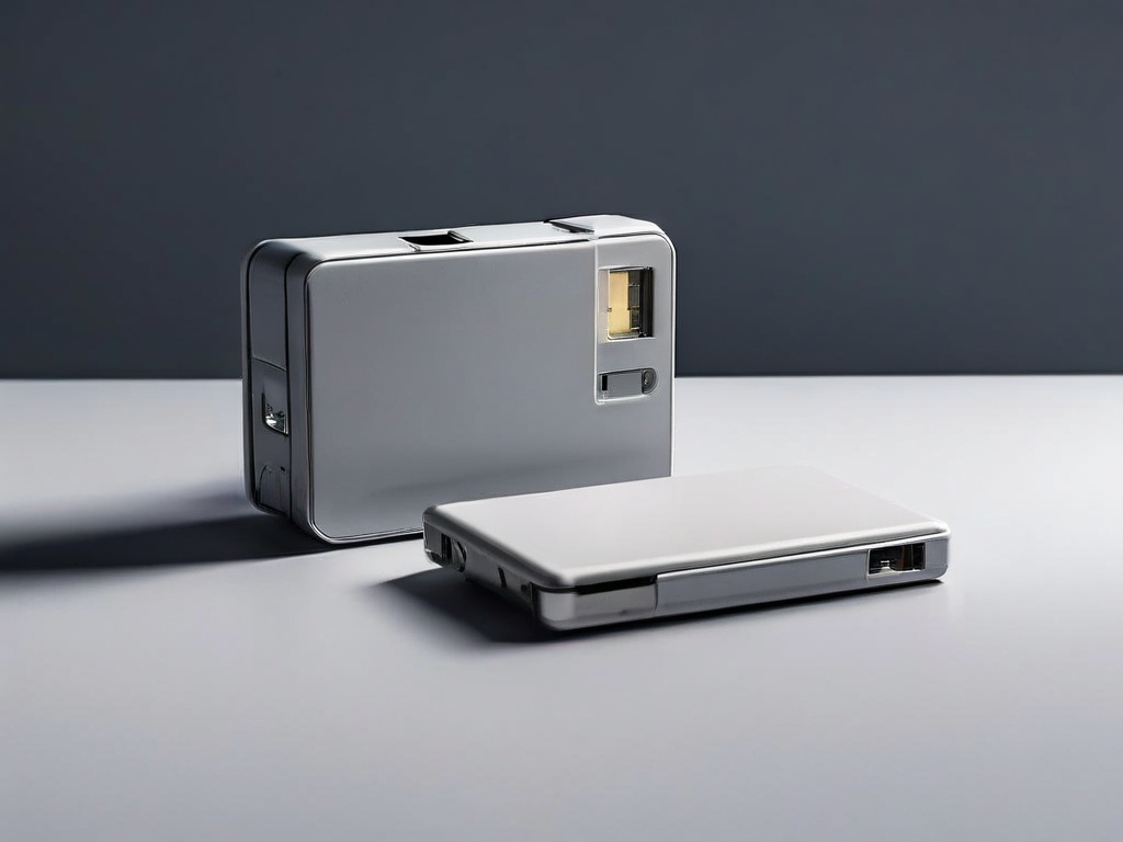 Blank memory card, sealed external drive, and photo sleeve arranged on a gray studio surface.