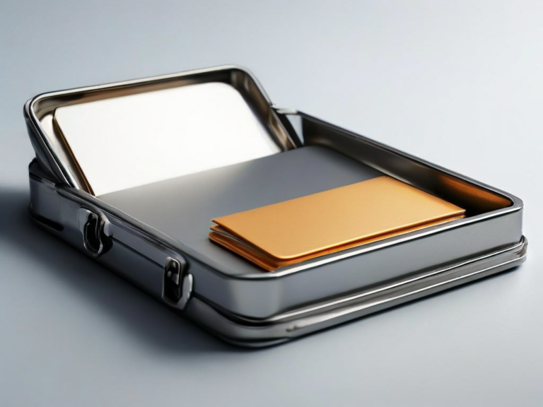 Stack of blank white divider cards in a compact metal tray, organized and ready, soft morning light on brushed surface.