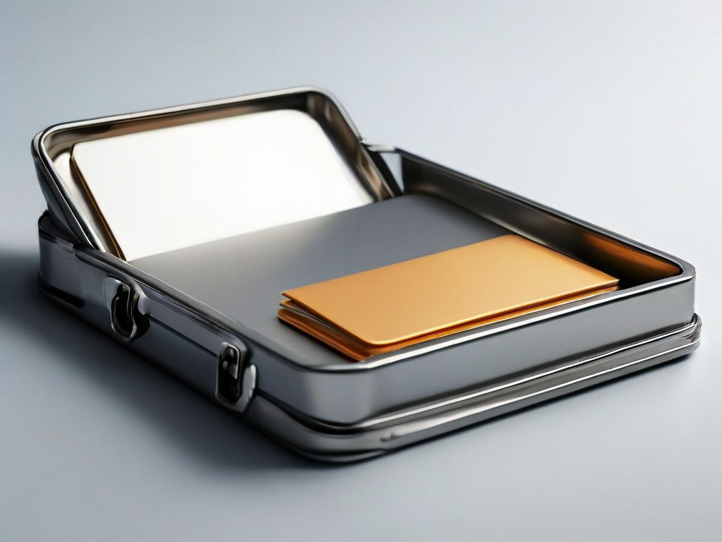 Stack of blank white divider cards in a compact metal tray, organized and ready, soft morning light on brushed surface.