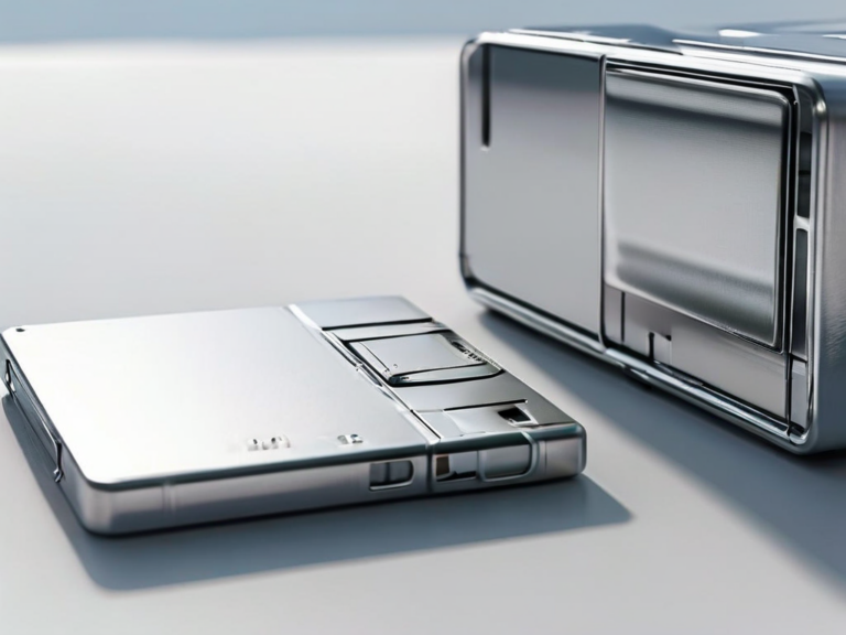 Three blank storage devices arranged on a brushed metal surface, including a memory card, external hard drive, and photo sleeve...