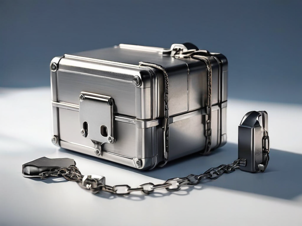 A sealed metal storage case with a short chain on a brushed surface, beside small block-like file location icons in angled...