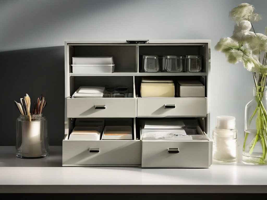 Clear acrylic drawer organizer with blank white cards and dividers on a stone counter, soft studio lighting.