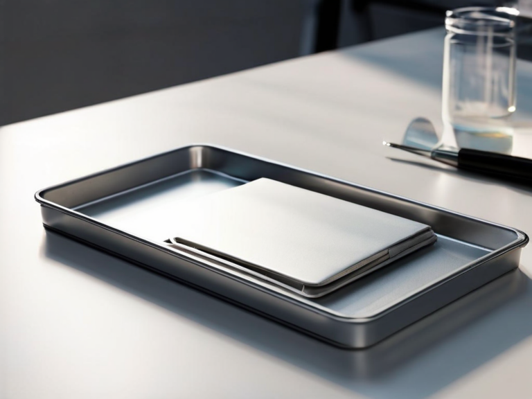 Brushed metal tray holding blank white divider cards in morning light, shallow depth of field.