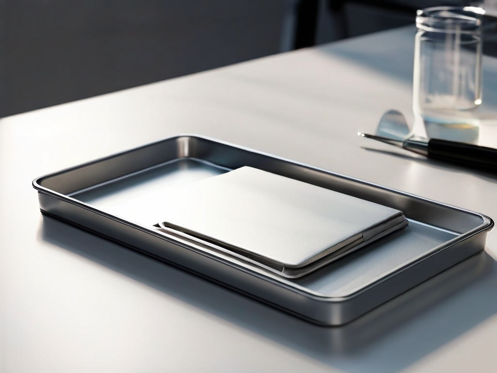 Brushed metal tray holding blank white divider cards in morning light, shallow depth of field.