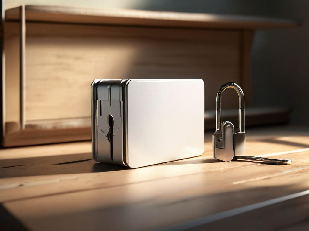 Blank compatibility card beside a sealed storage block and lock on brushed metal, morning light.