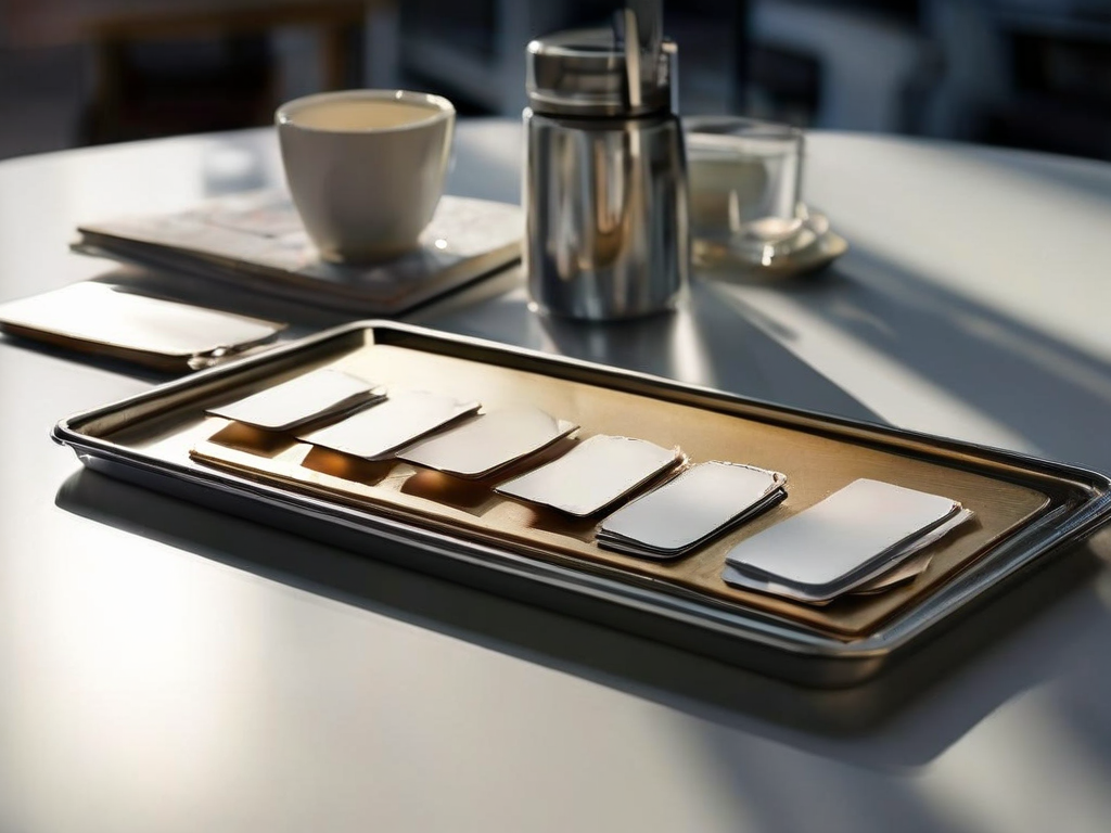 Blank date-stamped divider cards in a metal storage tray, with morning light casting soft shadows on a brushed surface.