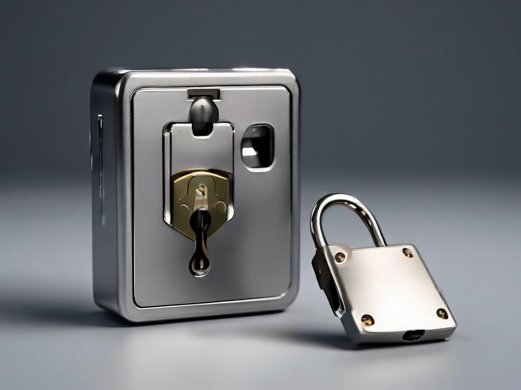 Small metal lock, closed key case, and blank security card on matte gray surface, soft side light.