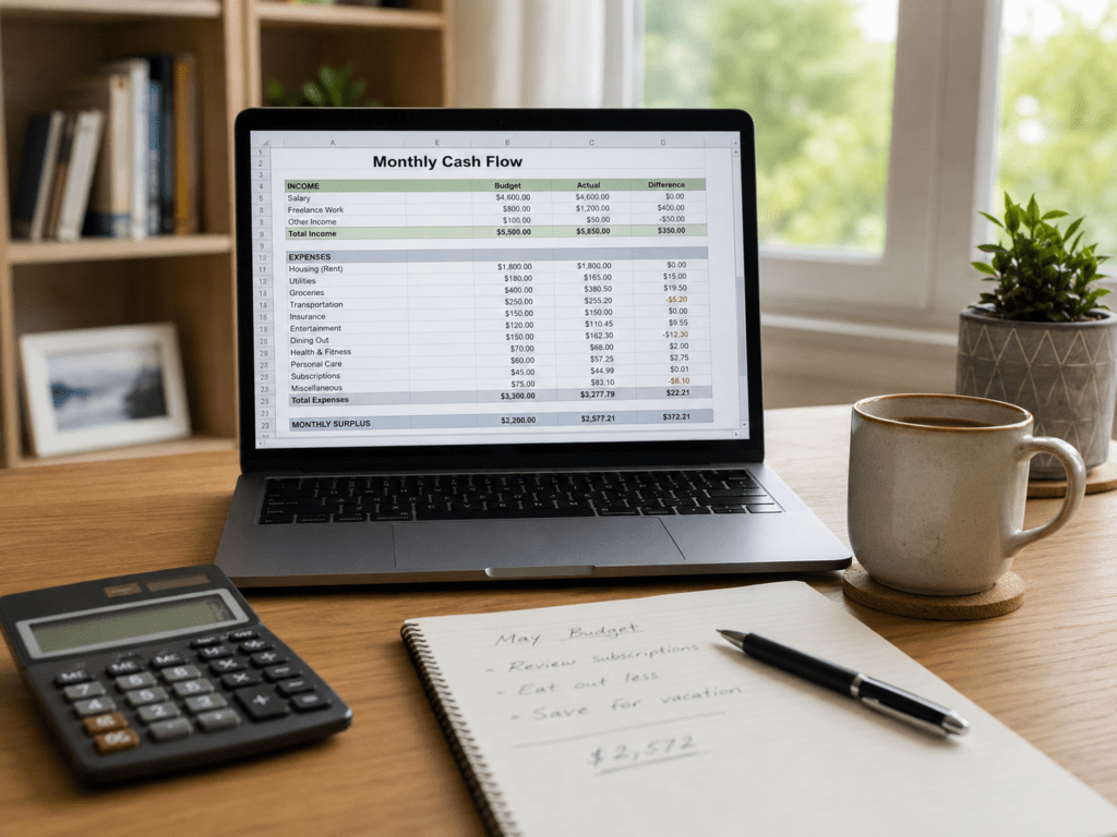 Monthly cash-flow spreadsheet on a laptop showing income, expenses, and surplus, with a calculator and budgeting notes on a home-office desk.