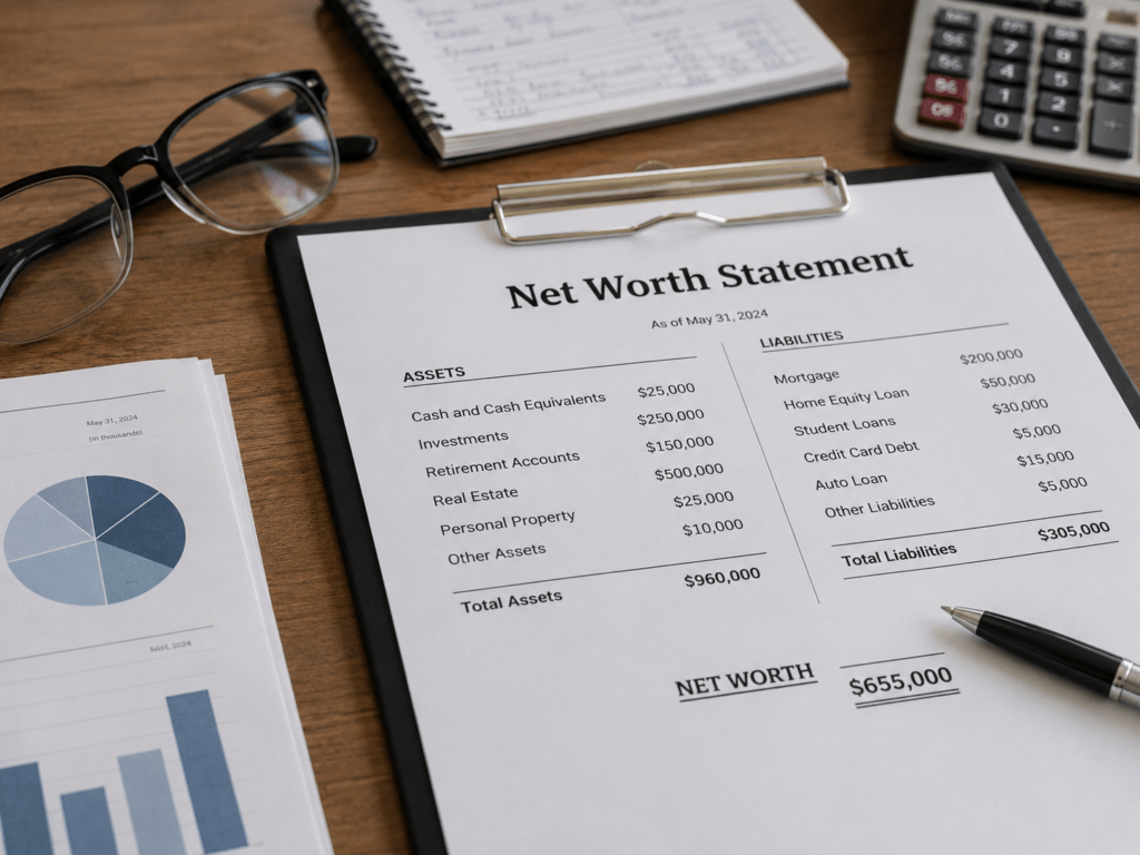 Net-worth statement comparing total assets and liabilities to calculate overall personal net worth.