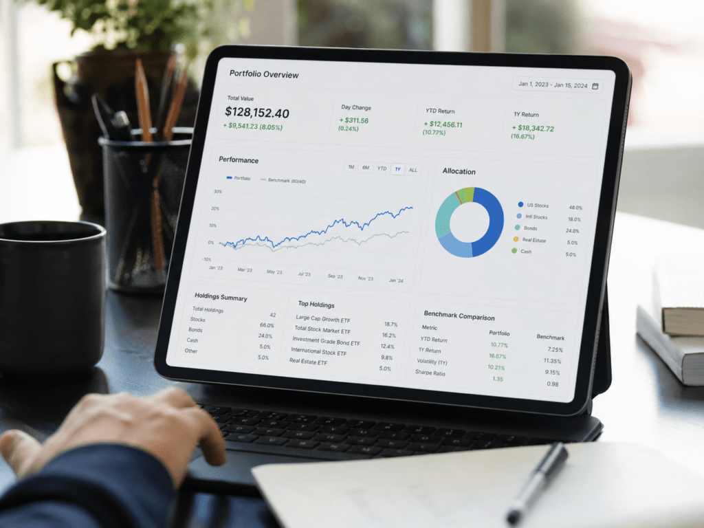 Investment-performance dashboard showing portfolio returns, asset allocation, holdings, and comparison with a relevant benchmark.