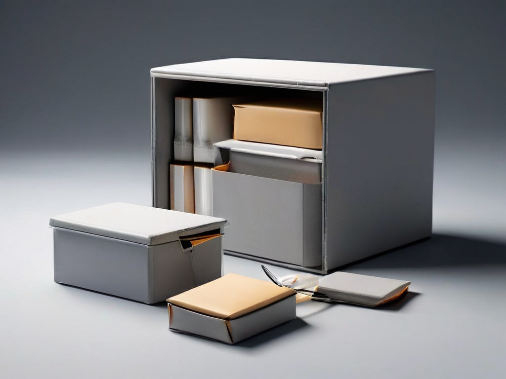 Three small gray archive boxes arranged in a row on a matte surface with blank label slots and soft side shadows.