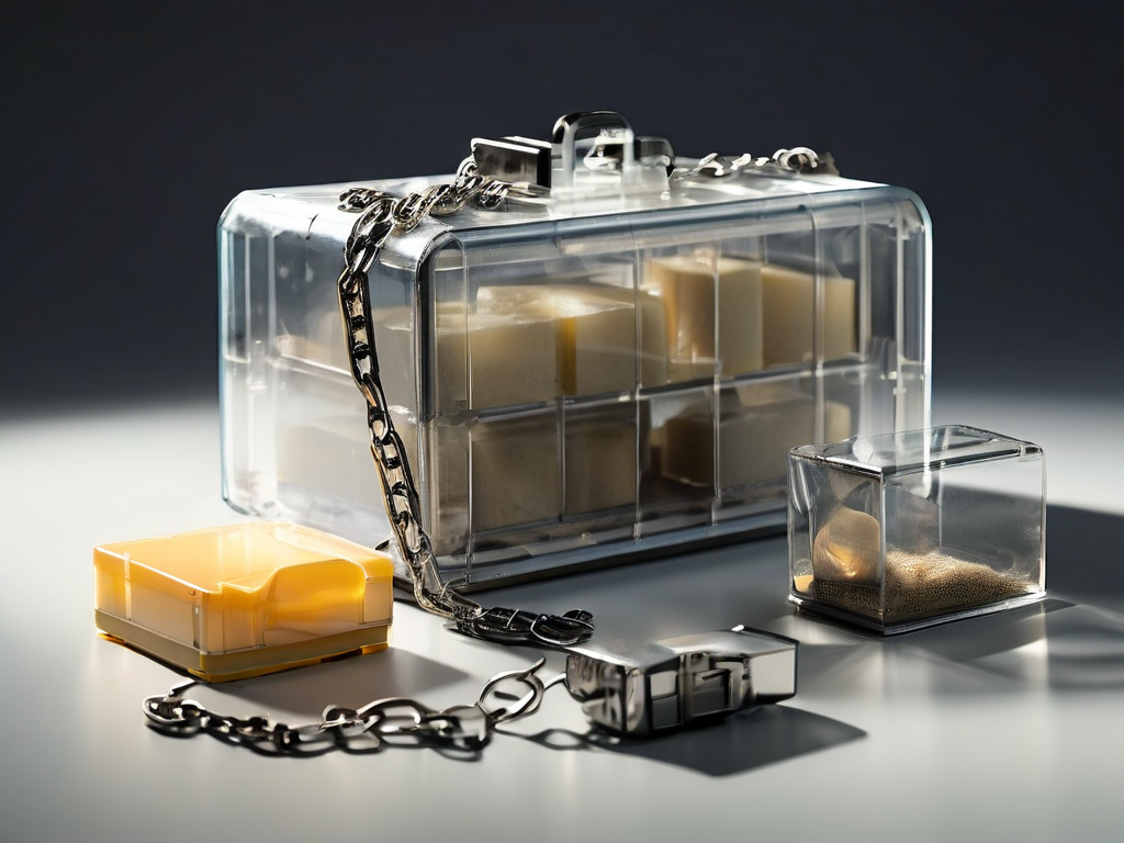A sealed plastic case with a metal chain sits beside small wooden blocks arranged like linked file folders on a stone counter.