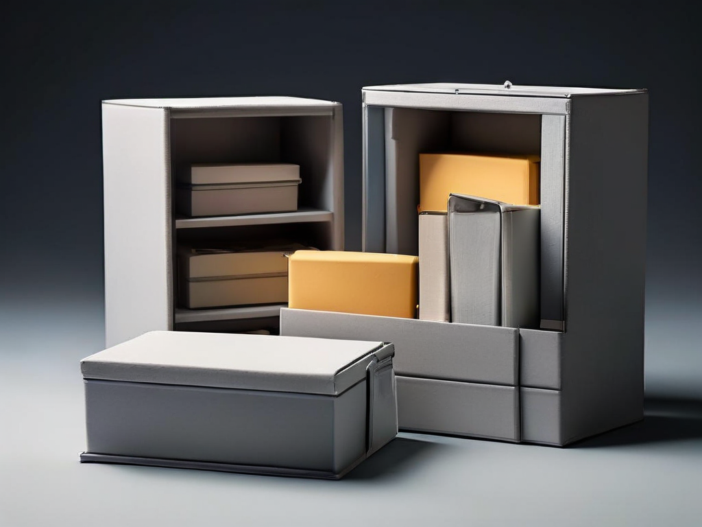 Small archive boxes and blank compartment inserts on a gray surface, with soft side light and clean shadows.