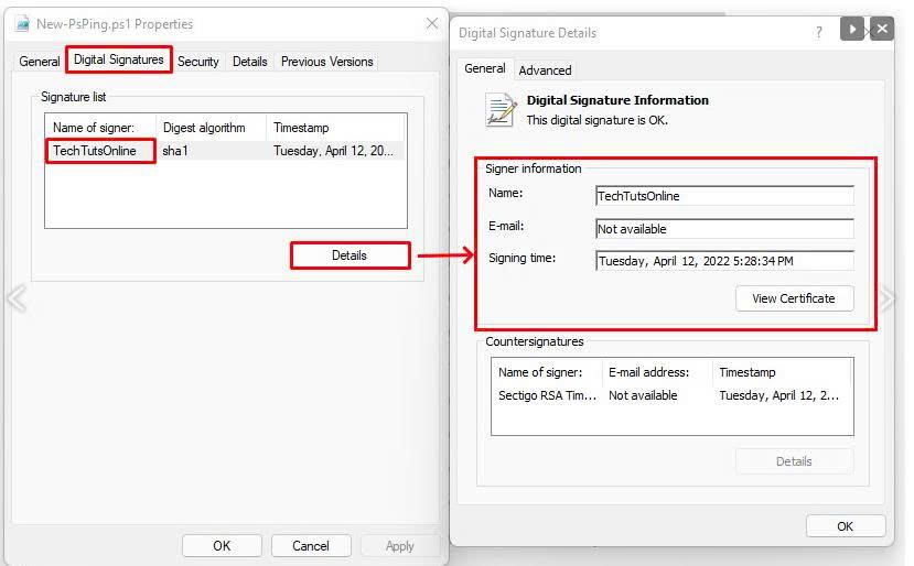Windows file properties confirming a valid digital signature and displaying the verified publisher of the installer.